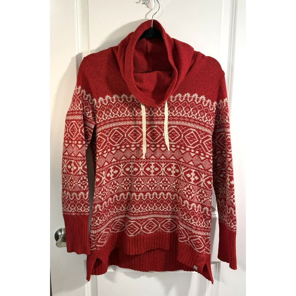 Eddie Bauer Fair Isle M Red Wool Cotton Blend Pullover cowl neck Knit Sweater